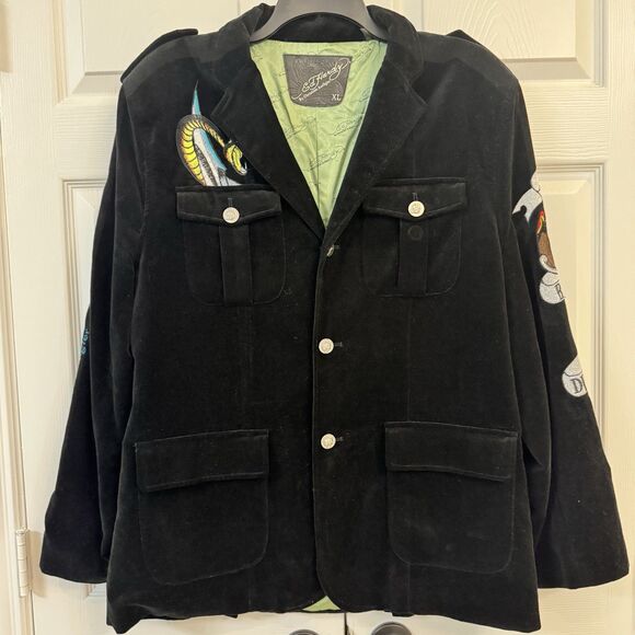 Ed Hardy Christian Audigier Suit Jacket Blazer Black Velvet Embroidered XL - Picture 2 of 7